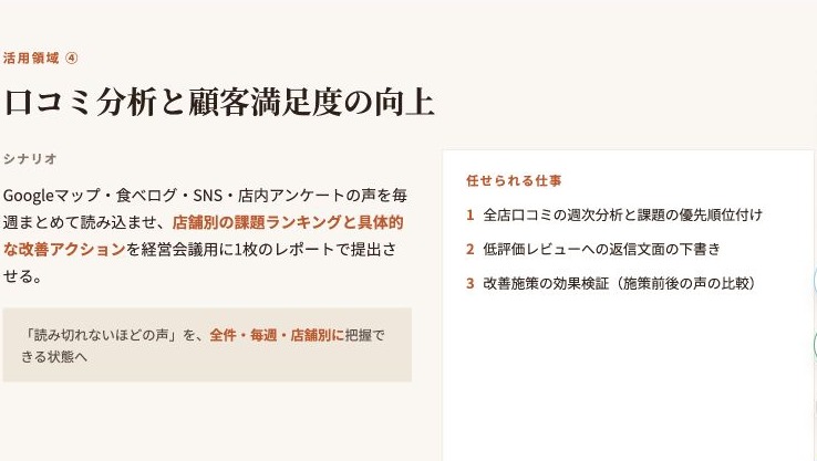 口コミ分析と顧客満足向上にFable 5を活用するシナリオを示すスライド。